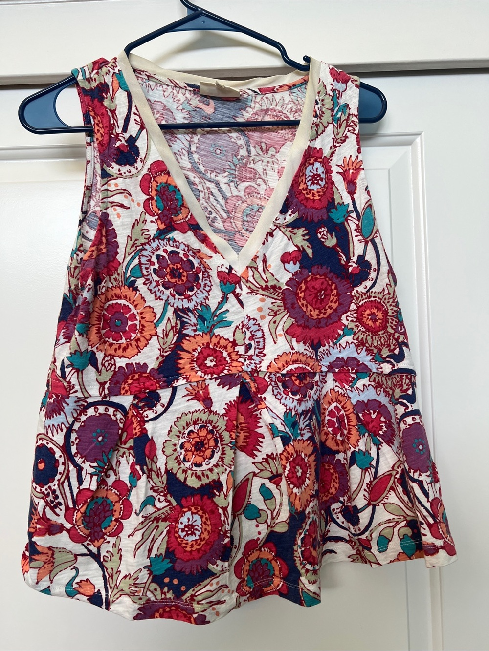 Deletta Floral V-Neck Tank Top in Cream, Red, Teal and Purple